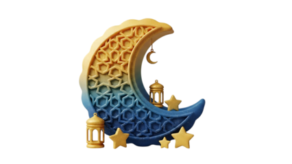 crescent moon illuminated Islamic ornament with stars lanterns and geometric pattern isolated on transparent background