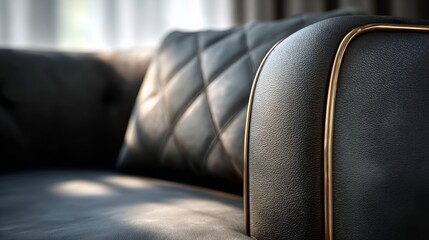 Obraz premium Elegant black leather sofa with quilted texture and gold accents, showcasing modern design elements and luxurious comfort in a stylish interior setting with natural light