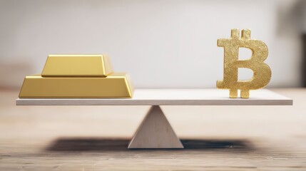 Gold bars and Bitcoin symbol balanced on a seesaw, illustrating cryptocurrency versus traditional investment comparison in modern finance.