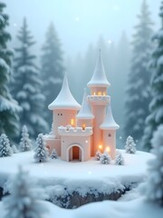 A pink castle is surrounded by snow covered trees and snow on the ground in a winter wonderland scene