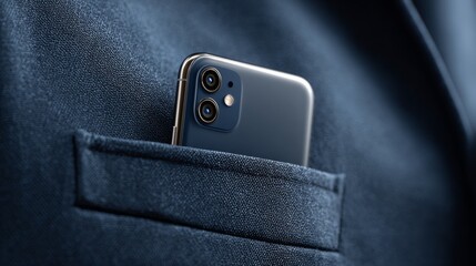 Smartphone nestled in the pocket of a tailored navy suit, showcasing a blend of modern technology and classic fashion, perfect for professional settings and stylish presentations