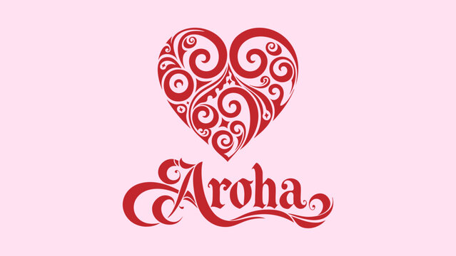 Aroha - Maori word for Love and Compassion and Maori stylized heart with koru swirls inside. Vector illustration. 