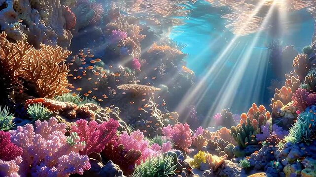 Vibrant coral reef underwater scene with colorful fish swimming through sunbeams in tropical ocean environment stock video footage