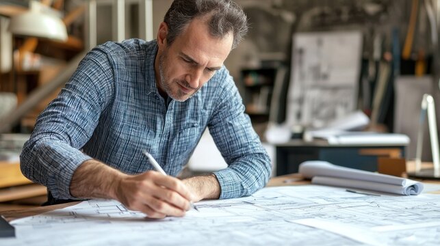 A man working on architectural plans in a workshop. - Powered by Adobe