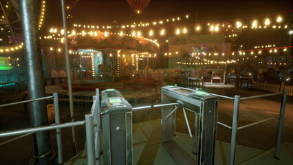 Fototapeta premium night carnival turnstile and railings closed after shift, ride attendant secured gates while warm string lights cast soft bokeh glow, metal platform shows damp