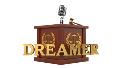 DREAMER gold 3D text on a judicial podium symbolizing justice, debate, and legal rights. isolated PNG with Transparent Background