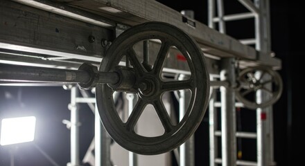 A close-up view of a dark gray metal wheel with a five-spoke design, attached to a metal structure with scaffolding and lighting equipment in the background