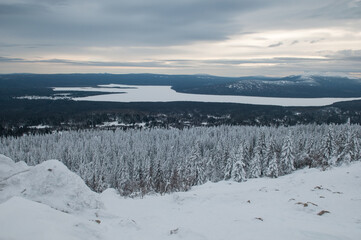 Lake Zuratkul in winter seen from the top of Zuratkul mountain range, South Ural, Russian Federation