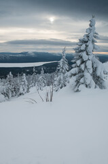 Scenic winter view from the peak of mountain ridge Zuratkul, South Ural, Russian Federation, national park Zuratkul