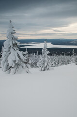 Winter view of lake Zuratkul from the top of Zuratkul mountain ridge, Russia, Chelyabinsk region