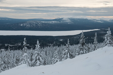 Winter view of lake Zuratkul and Zuratkul national park, Chelyabinsk region, Russian Federation