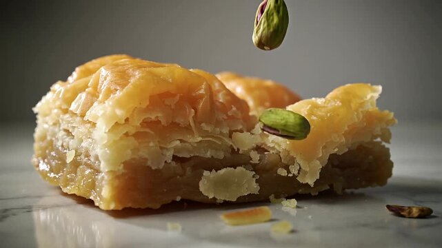 Baklava Dessert with Pistachios on Marble Surface.