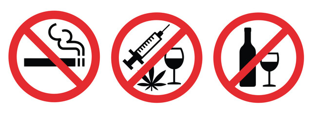 Sign prohibition vector illustration showing forbidden drugs, no smoking, no vaping, and no alcohol in red crossed circle, perfect for public areas, restricted zones, safety signage © wellcomejun