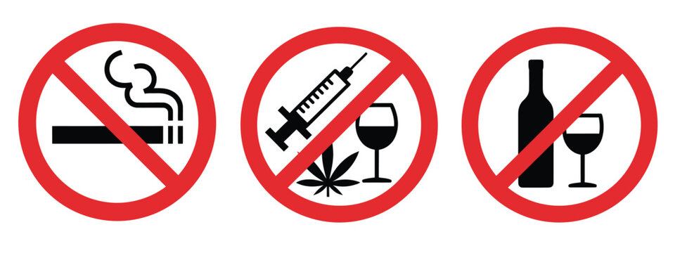 Sign prohibition vector illustration showing forbidden drugs, no smoking, no vaping, and no alcohol in red crossed circle, perfect for public areas, restricted zones, safety signage