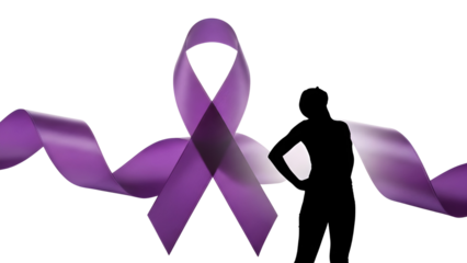 Purple awareness ribbon banner and strong female silhouette symbolizing health and cancer support. isolated PNG with Transparent Background