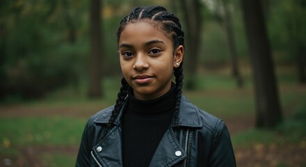 A young girl with braided hair wearing a black leather jacket and turtleneck stands in a wooded area