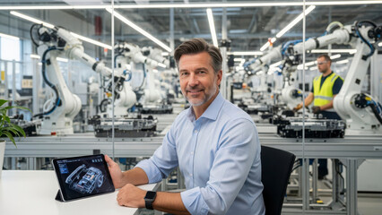 Fototapeta premium A man in a modern factory setting holding a tablet with a robotic design on the screen