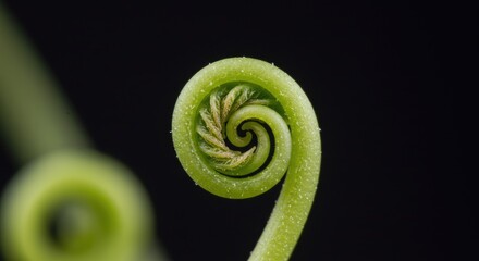 A close-up image of a vibrant green fiddlehead fern curled into a tight spiral against a dark background