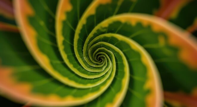 Close-up of a vibrant green plant with yellow-edged leaves arranged in a spiral pattern