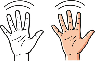 Fototapeta premium Human hand waving gesture icons in outline and color styles isolated on white background for greeting and communication.