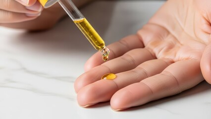 Woman applying golden facial oil serum from glass dropper bottle onto palm of hand for natural skincare routine