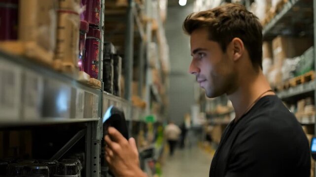 Medium shot of a warehouse worker scanning products while AI software predicts stock trends ensuring efficient restocking and reduced overstock.