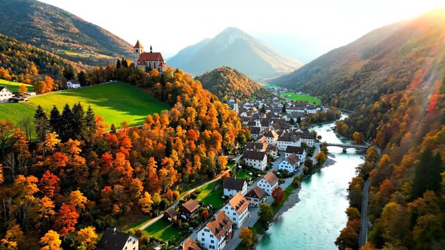 Church in autumnal mountain landscape