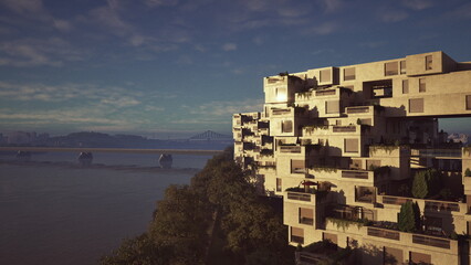 Naklejka premium Golden hour modular complex on cliff overlooking bay and bridge, concrete terraces and stacked cubic units glowing in warm light, tranquil atmosphere, distant