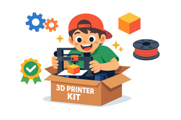 Happy young boy with 3d printer kit and accessories