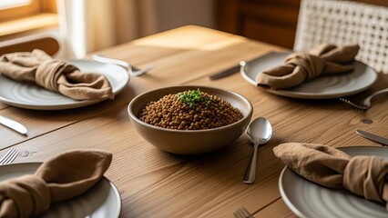 Coriander seeds in wooden bowl with fresh cilantro garnish on rustic dining table setting with beige napkins and empty plates