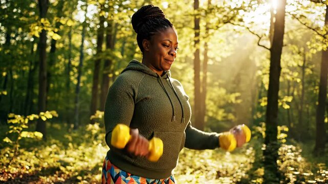 Woman Exercising with Dumbbells in Forest