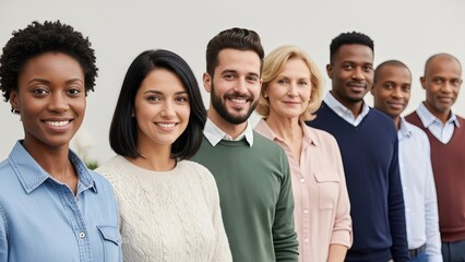 Diverse multiethnic business team of seven professionals standing in row smiling at camera in modern office environment