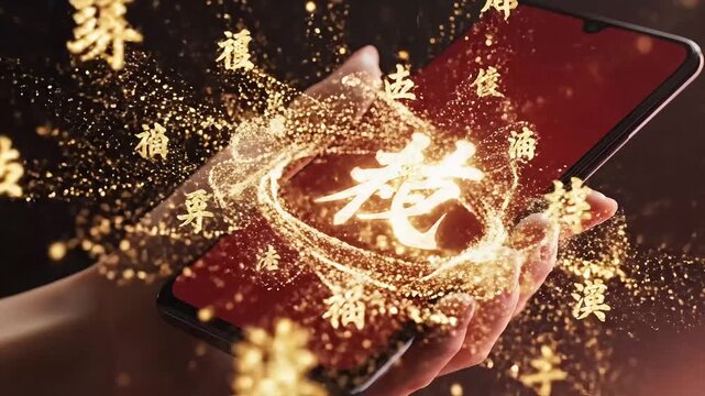 Hand holding smartphone with glowing Chinese characters for blessings  