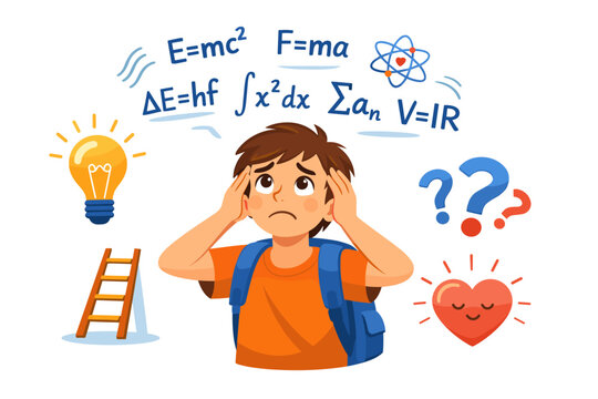 Confused boy contemplating math equations with symbols around