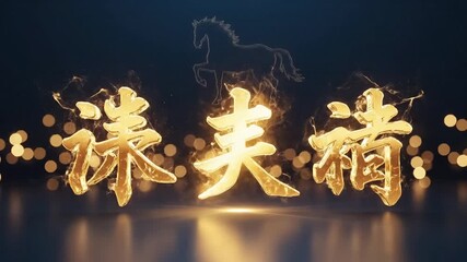 Golden horse symbol with Chinese characters on dark background  