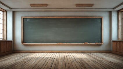 Interior shot of a classroom with a large chalkboard and wooden floors and trim