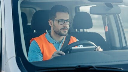 Professional Asian male delivery driver wearing orange safety vest and glasses driving white commercial van during daytime work shift