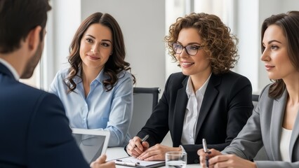 Professional business meeting with diverse women team members interviewing male candidate in modern office conference room
