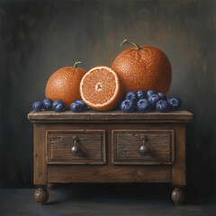 Bright harvest fruits arranged on rustic wooden table, elegant still life with soft background.