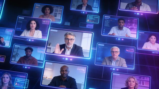 Professionals from diverse backgrounds collaborating via video conference on a digital platform. Virtual workspace with multiple participants in a grid layout