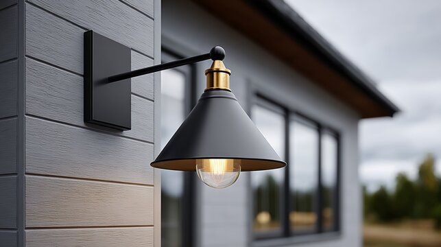 Modern outdoor wall lamp with a sleek black shade and golden accents, illuminating the exterior of a contemporary home, enhancing the architectural design and ambiance of the outdoor space