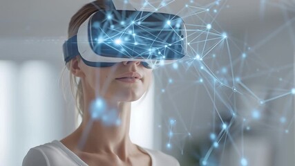 a person woman in VR virtual reality glasses looks, education and modern technologies, learning the future, AI technology, Caucasian race	 - Powered by Adobe