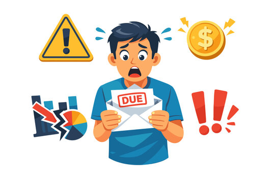 Shocked young male receiving overdue bill among financial icons