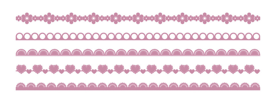 Delicate lace trim with scalloped edges and heart embroidery creates romantic Valentine borders, perfect for greeting cards, invitations, and decorative design projects.