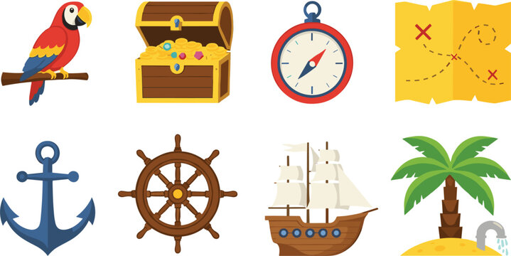 Pirate adventure icons collection featuring a parrot treasure chest compass map anchor steering wheel ship and island.