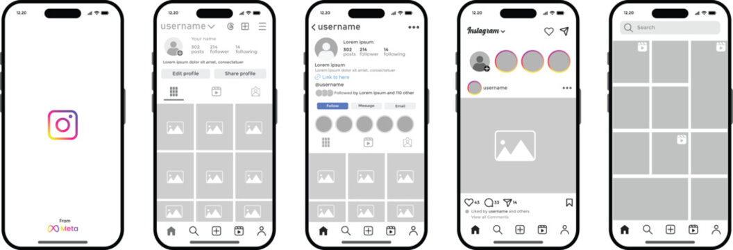 Instagram UI Mockup Set. Profile, Feed Interface Templates. Social Media App Interface Kit. Instagram Mobile Profile and Post Mockups
