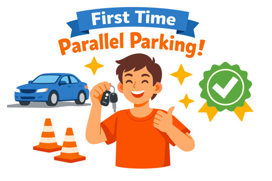 Young asian male celebrates successful first time parallel parking achievement