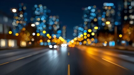 Nighttime city street scene with blurred lights from vehicles and buildings, showcasing vibrant bokeh effects and a sense of urban movement and energy in a bustling metropolitan environment