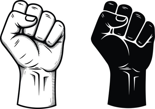 Powerful clenched raised fist icon set in hand drawn and solid black styles for solidarity protest human rights and strength concepts.
