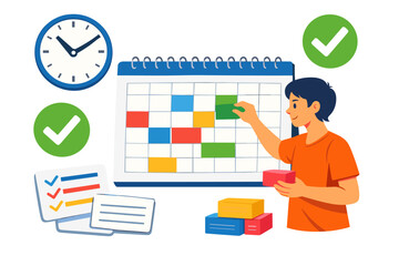 Young asian male organizing calendar with blocks and checklist in an office setting